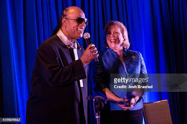 Stevie Wonder and Mary Landrieu attend a fundraiser for Senator Mary Landrieu at the Windsor Court Hotel on December 1, 2014 in New Orleans,...