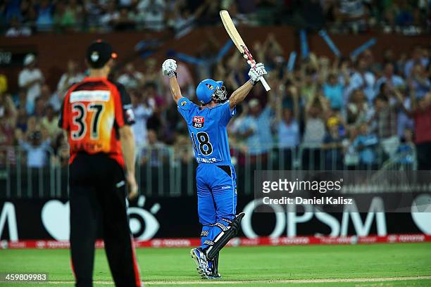 Nathan Reardon of the Strikers celebrates victory during the Big Bash League match between the Adelaide Strikers and the Perth Scorchers at Adelaide...