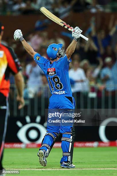 Nathan Reardon of the Strikers celebrates victory during the Big Bash League match between the Adelaide Strikers and the Perth Scorchers at Adelaide...