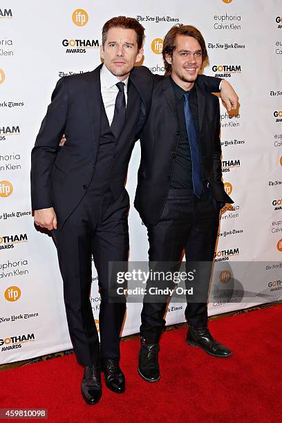 Actors Ethan Hawke and Ellar Coltrane attend the 24th Annual Gotham Independent Film Awards at Cipriani Wall Street on December 1, 2014 in New York...