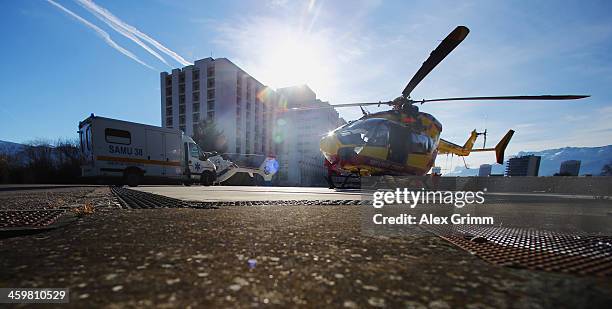 Helicopter stands outside the Grenoble University Hospital Centre where former German Formula One driver Michael Schumacher is being treated for a...