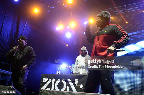 AmpLive and Baba Zumbi of Zion I perform at the Snowglobe Music Festival at Lake Tahoe Community College on December 30, 2013 in South Lake Tahoe,...