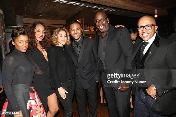 April Tucker, Roe Williams, Julie Greenwald, Trey Songz, Michael Kyser and Kevin Liles attend Trey Songz 30th Birthday Celebration at The Lion on...