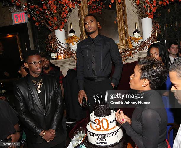 Fabolous, Trey Songz and April Tucker attend Trey Songz 30th Birthday Celebration at The Lion on December 1, 2014 in New York City.