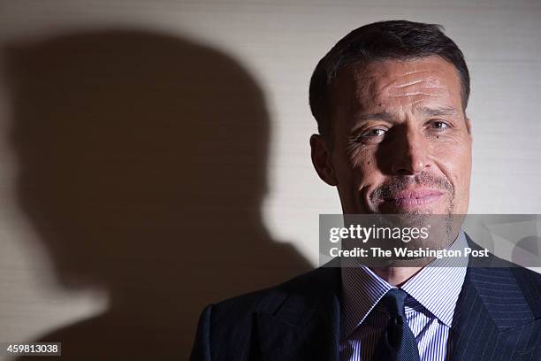 Author and motivational speaker Tony Robbins poses for a portrait at the Four Seasons Hotel in the Manhattan borough of New York, New York on...