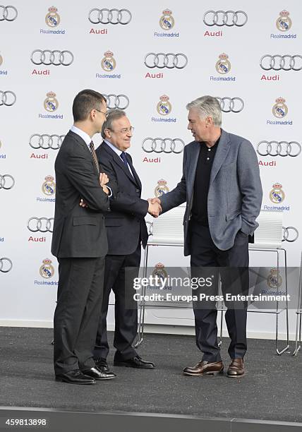 Real Madrid president Florentino Perez and coach Carlo Ancelotti attend the car handover of Audi at the Ciudad Deportiva del Real Madrid on December...