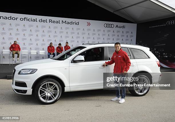 Real Madrid player Javier 'Chicharito' Hernandez attends the car handover of Audi at the Ciudad Deportiva del Real Madrid on December 1, 2014 in...