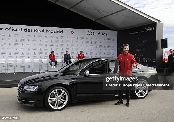 Real Madrid player Sergio Ramos attends the car handover of Audi at the Ciudad Deportiva del Real Madrid on December 1, 2014 in Madrid, Spain.