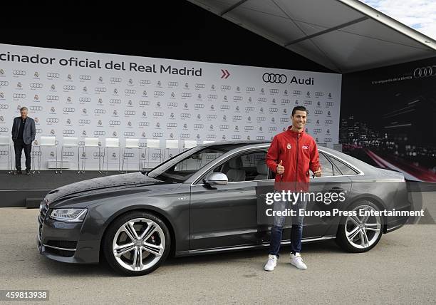 Real Madrid player Cristiano Ronaldo attends the car handover of Audi at the Ciudad Deportiva del Real Madrid on December 1, 2014 in Madrid, Spain.