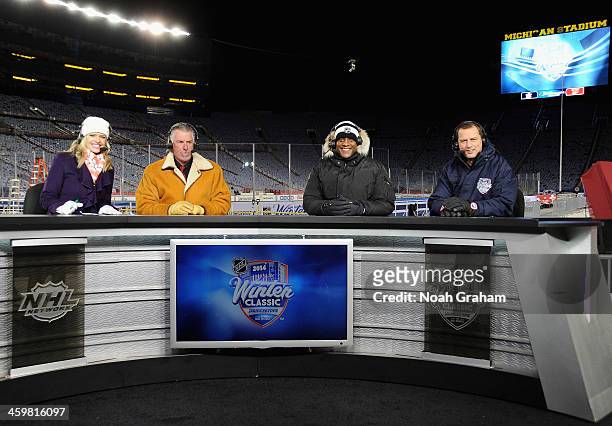Sportscaster Kathryn Tappen talks with hockey analysts Barry Melrose, Kevin Weekes and Greg Millen during NHL Live at the 2014 Bridgestone NHL Winter...