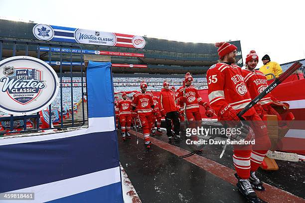 Niklas Kronwall, Jonas Gustavsson of the Detroit Red Wings and their teammates walk to the ice surface during 2014 Bridgestone NHL Winter Classic...