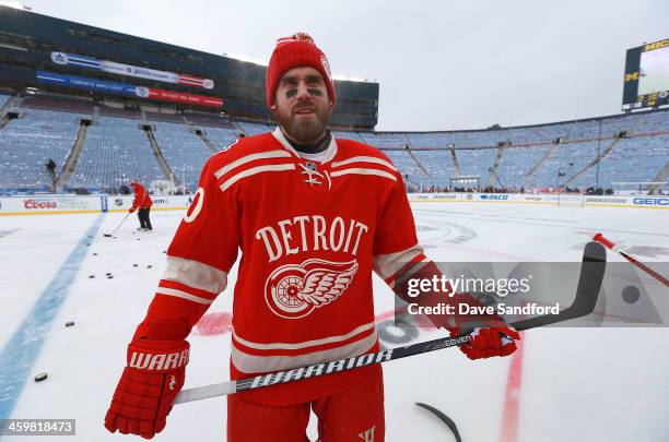 Henrik Zetterberg of the Detroit Red Wings takes the ice during the 2014 Bridgestone NHL Winter Classic team practice session on December 31, 2013 at...