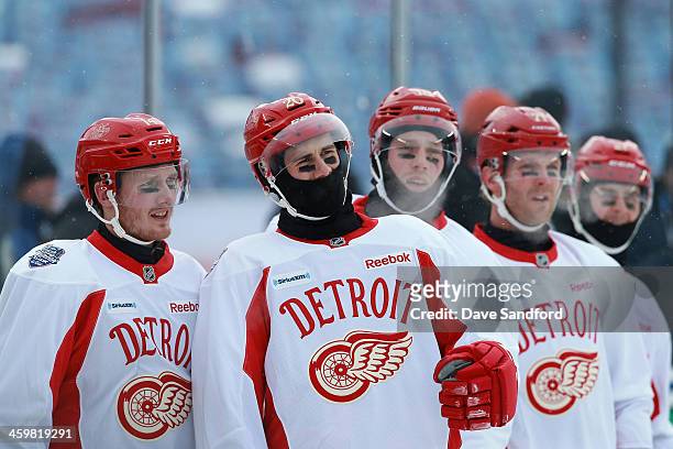 Gustav Nyquist, Drew Miller, Joakim Andersson, Daniel Cleary and Danny DeKeyser of the Detroit Red Wings look on during 2014 Bridgestone NHL Winter...