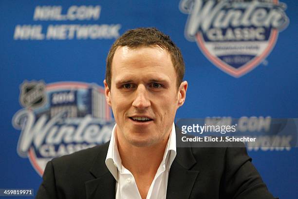 Captain Dion Phaneuf of the Toronto Maple Leafs attends a press conference to announce his 7-year contract extension with the Maple Leafs at the...