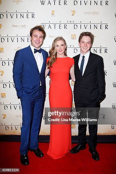 Ben O'Toole, Sophia Forrest and James Fraser arrive at the World Premier of "The Water Diviner" at the State Theatre on December 2, 2014 in Sydney,...