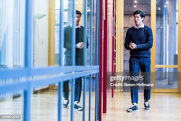 Heung-Min Son of Bayer Leverkusen arrives prior to the decision of DFB Court on the objection to the length of a 3 match ban in the DFB Cup which was...