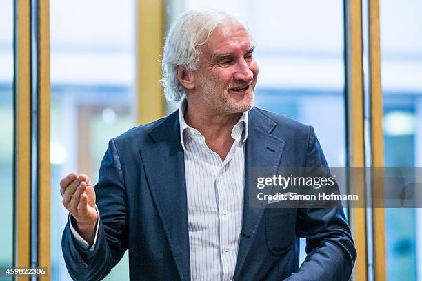 Manager Rudi Voeller of Bayer Leverkusen gestures prior to the decision of DFB Court on the objection to the length of a 3 match ban in the DFB Cup...