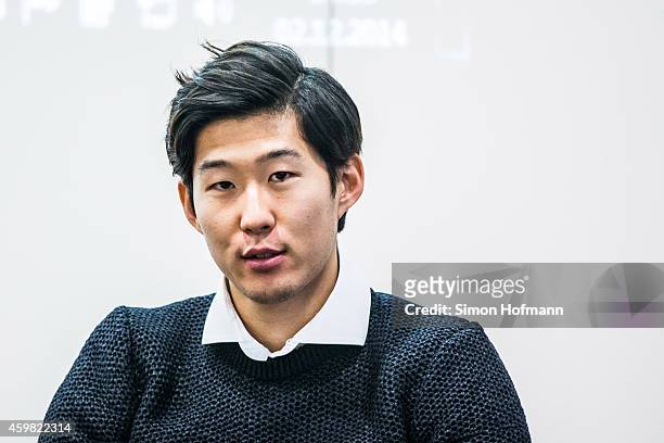 Heung-Min Son of Bayer Leverkusen looks on prior to the decision of DFB Court on the objection to the length of a 3 match ban in the DFB Cup which...