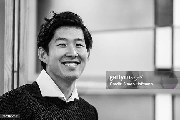 Heung-Min Son of Bayer Leverkusen smiles prior to the decision of DFB Court on the objection to the length of a 3 match ban in the DFB Cup which was...