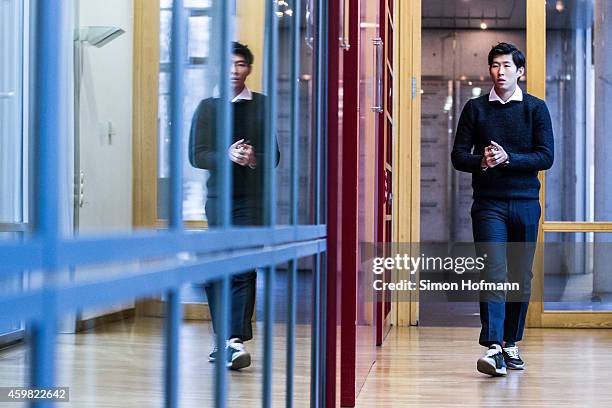 Heung-Min Son of Bayer Leverkusen arrives prior to the decision of DFB Court on the objection to the length of a 3 match ban in the DFB Cup which was...