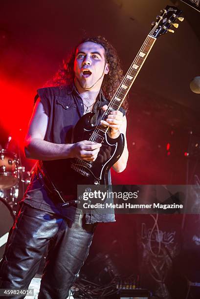 Frontman Chris Appleton of British classic metal group Absolva performing live on the Jagermeister stage at Hammerfest heavy metal festival in Wales,...