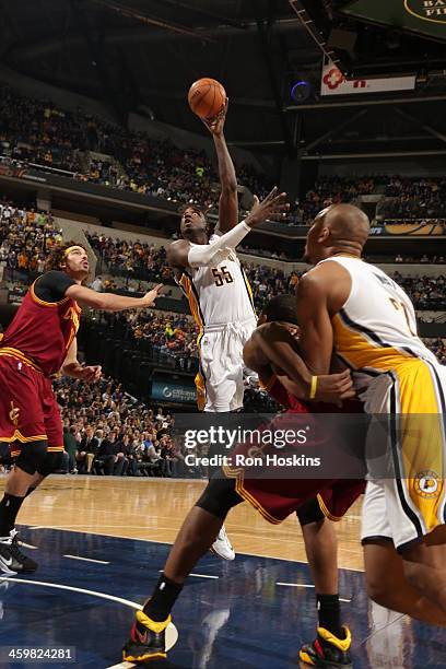 Roy Hibbert of the Indiana Pacers shoots the ball against the Cleveland Cavaliers at Bankers Life Fieldhouse on December 28, 2013 in Indianapolis,...
