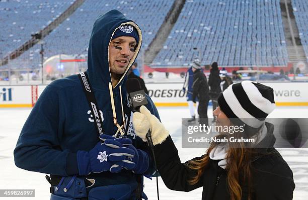 Frazer McLaren of the Toronto Maple Leafs speaks to the NHL media during 2014 Bridgestone NHL Winter Classic team practice session on December 31,...