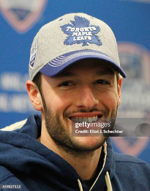 Goaltender Jonathan Bernier of the Toronto Maple Leafs speaks at a press conference after the 2014 Bridgestone NHL Winter Classic team practice...