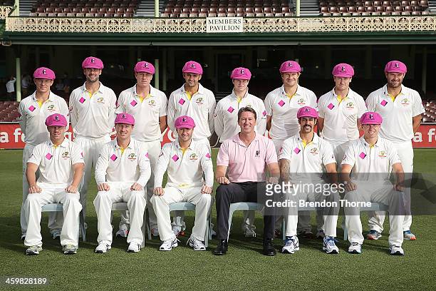 The Australian Mens Test Cricket team and Glenn McGrath pose for a team photo prior to an Australian training session at Sydney Cricket Ground on...