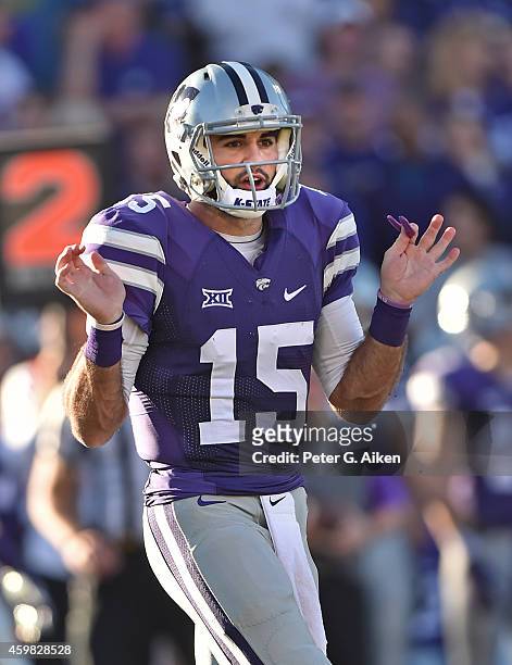 Quarterback Jake Waters of the Kansas State Wildcats calls out an audible against the Kansas Jayhawks during the first half on November 29, 2014 at...