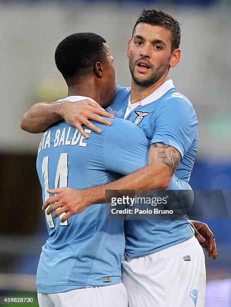 Filip Djordjevic with his teammate Balde Diao Keita of SS Lazio celebrates after scoring the second team's goal during the TIM Cup match between SS...