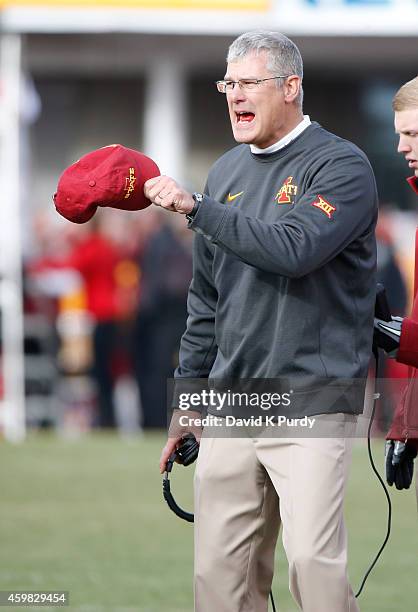 Head coach Paul Rhoads of the Iowa State Cyclones argues a call from the sidelines in the second half of play against the West Virginia Mountaineers...