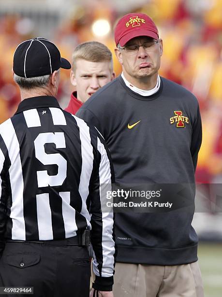 Head coach Paul Rhoads of the Iowa State Cyclones makes a face as he argues a call with the referee in the second half of play against the West...