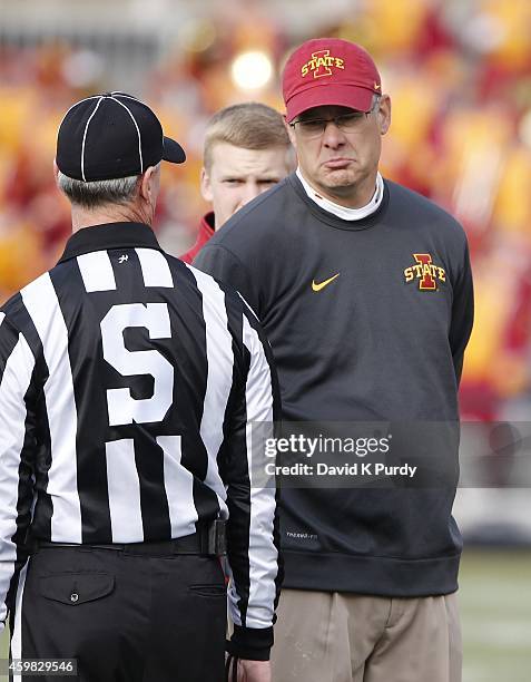 Head coach Paul Rhoads of the Iowa State Cyclones makes a face as he argues a call with the referee in the second half of play against the West...