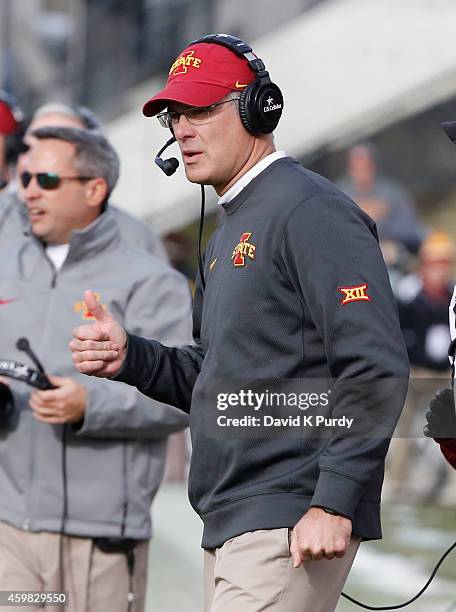 Head coach Paul Rhoads of the Iowa State Cyclones signals a thumbs up from the sidelines in the second half of play against the West Virginia...