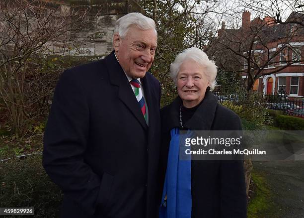 Former British Lion Willie John McBride and Dame Mary Peters attend the thanksgiving service for Ireland rugby legend Jack Kyle as it takes place at...