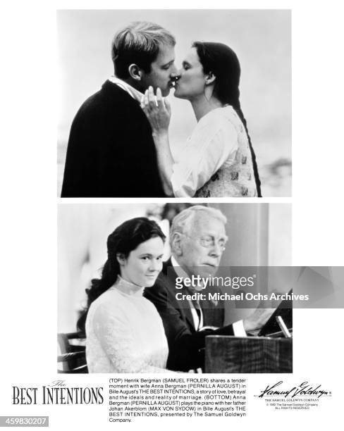 Actor Samuel Froler and actress Pernilla August on set actress Pernilla August and actor Max von Sydow on set of the movie "The Best Intentions" ,...