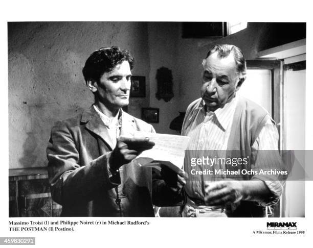 Actors Massimo Troisi and Philippe Noiret on set of the movie "Il Postino: The Postman " , circa 1994.