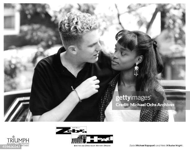 Actor Michael Rapaport and actress N'Bushe Wright on set of the movie "Zebrahead" , circa 1992.