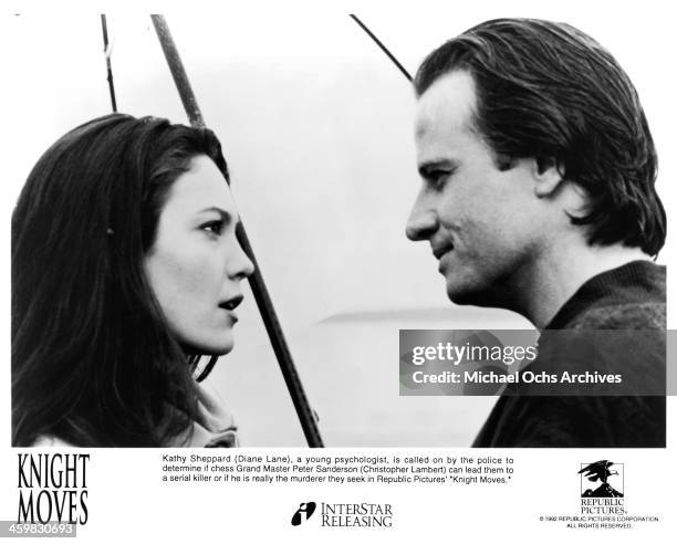 Actor Christopher Lambert and actress Diane Lane on set of the movie "Knight Moves" , circa 1992.