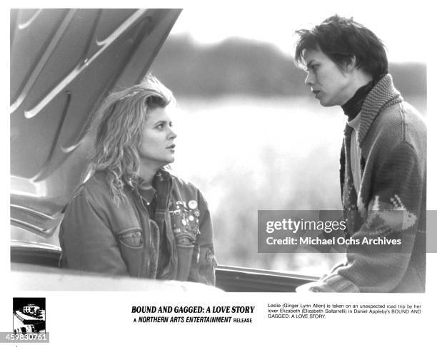 Actresses Ginger Lynn and Elizabeth Saltarrelli on set of the movie "Bound and Gagged: A Love Story " , circa 1993.