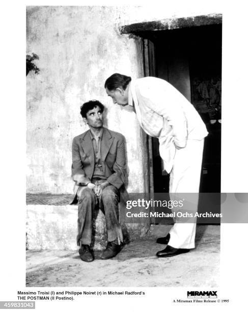 Actors Massimo Troisi and Philippe Noiret on the set of the movie "Il Postino: The Postman" , circa 1994.