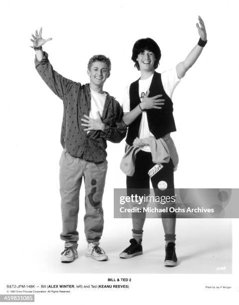 Actor Alex Winter and Keanu Reeves pose for the movie "Bill & Ted's Excellent Adventure" , circa 1989.