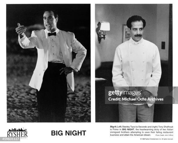 Actor Stanley Tucci on set actor Tony Shalhoub on set of the movie "Big Night" , circa 1996.