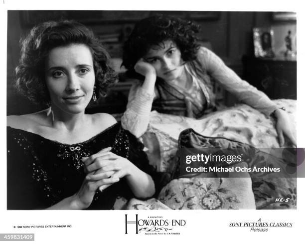 Actresses Emma Thompson and Helena Bonham Carter on set of the movie "Howards End " , circa 1992.