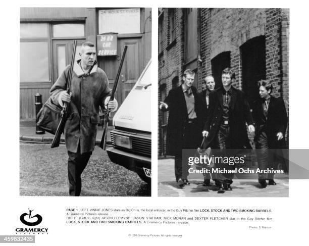 Actor Vinnie Jones actors Jason Flemyng, Jason Statham, Nick Moran and Dexter Fletcher on the set of the Gramercy Picture movie "Lock, Stock and Two...