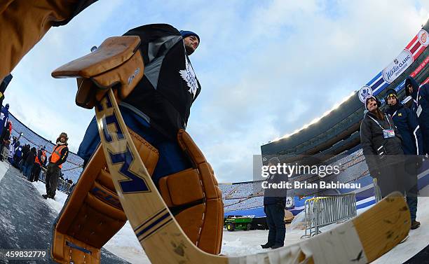 Goaltender Jonathan Bernier of the Toronto Maple Leafs walks back to the locker room during 2014 Bridgestone NHL Winter Classic team practice session...