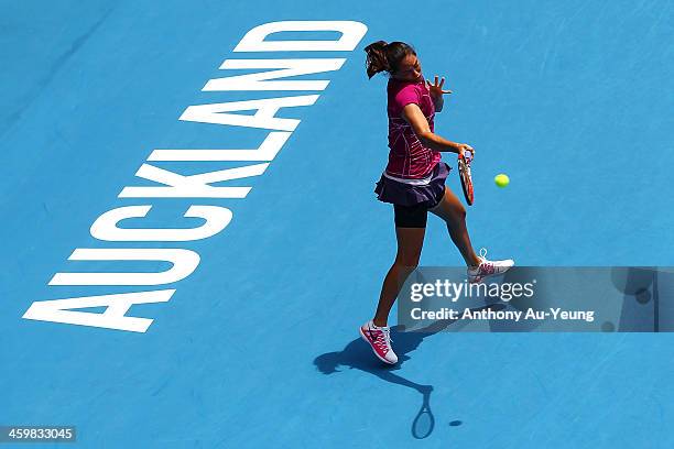 Jamie Hampton of United States plays a forehand against Kristyna Pliskova of Czech Republic during day three of the ASB Classic at ASB Tennis Centre...
