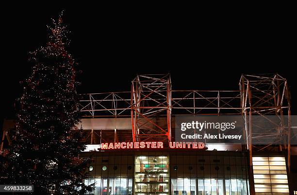 Christmas tree is seen outside Old Trafford prior to the Barclays Premier League match between Manchester United and Stoke City at Old Trafford on...