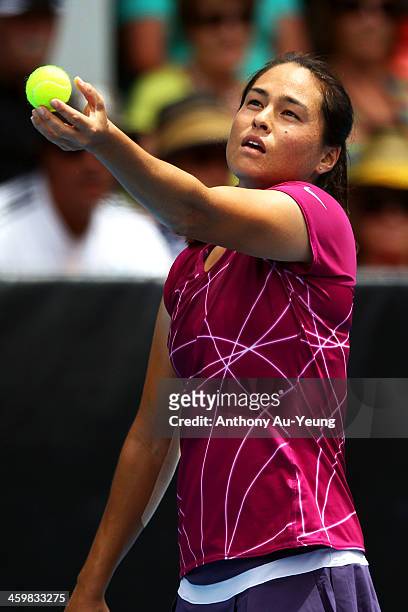 Jamie Hampton of United States serves against Kristyna Pliskova of Czech Republic during day three of the ASB Classic at ASB Tennis Centre on January...